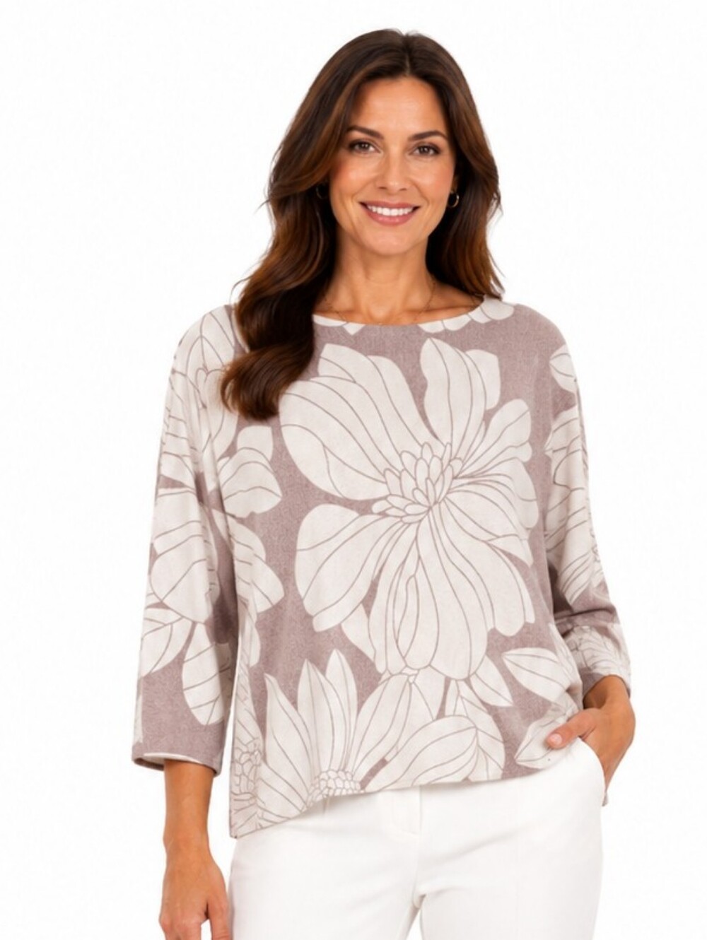 Nuetral Floral Print Scoop Neck 3/4 Sleeve Size Medium Sweater Sioni